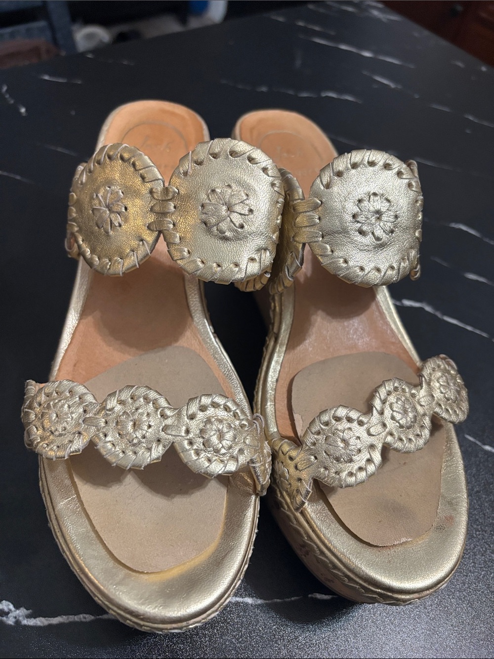 Jack Rogers Gold Woven Medallion Slide Sandals